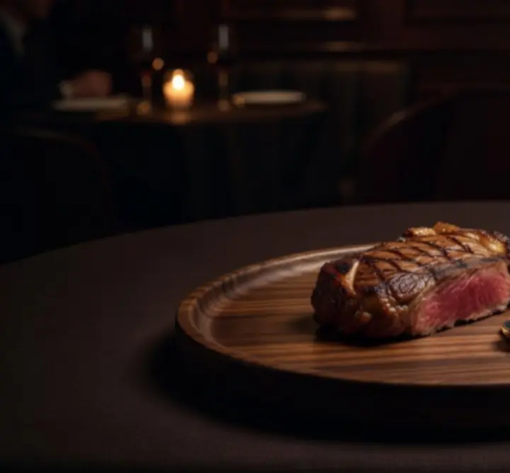 Sötét háttér előtt tálalt steak és vörösbor, prémium gasztro hangulattal